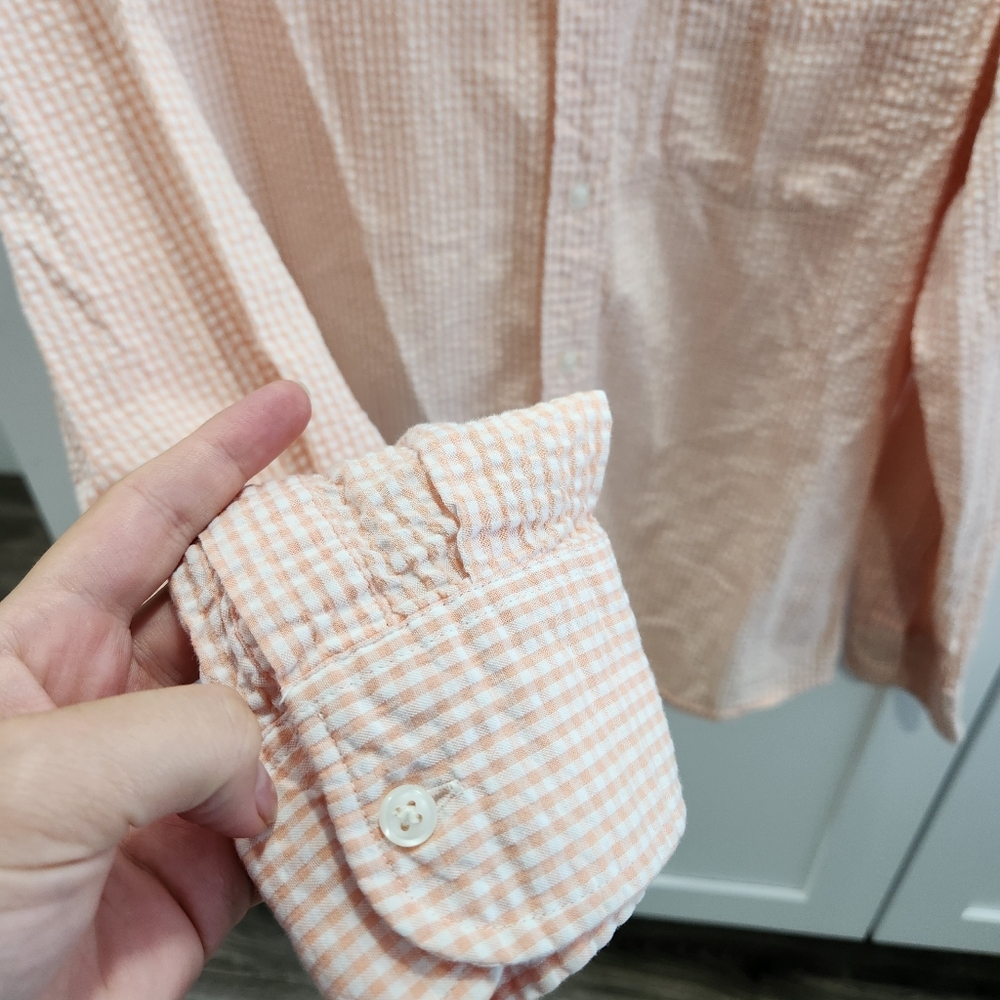 J Crew Slim Seersucker Button Down Shirt Orange Gingham Organic Cotton Large - Picture 4 of 8